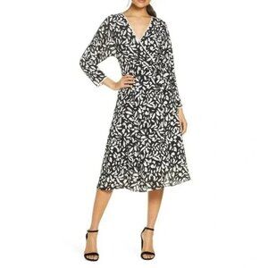 Eliza‎ J True Wrap Petal Print Dress Black White Surplice Neck 3/4 Sleeve Midi 8